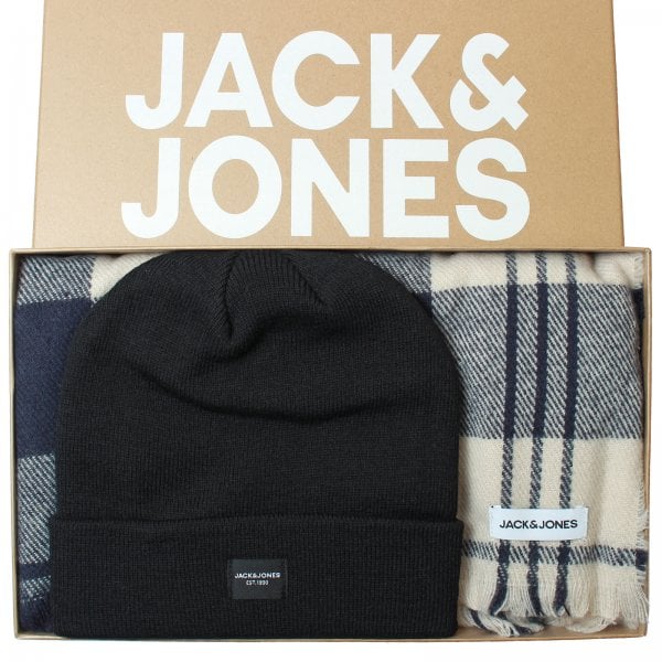 Jack & Jones FROST DNA Mens Beanie Navy Blazer in gift box with scarf, top view showcasing navy hat and plaid scarf.