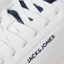 Detail view of Jack & Jones BOSLEY PU Mens Trainers White showing lace and logo design.