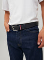 Jack & Jones ESPO Mens Belt Black worn with jeans, showcasing buckle fastening and adjustable strap detail.