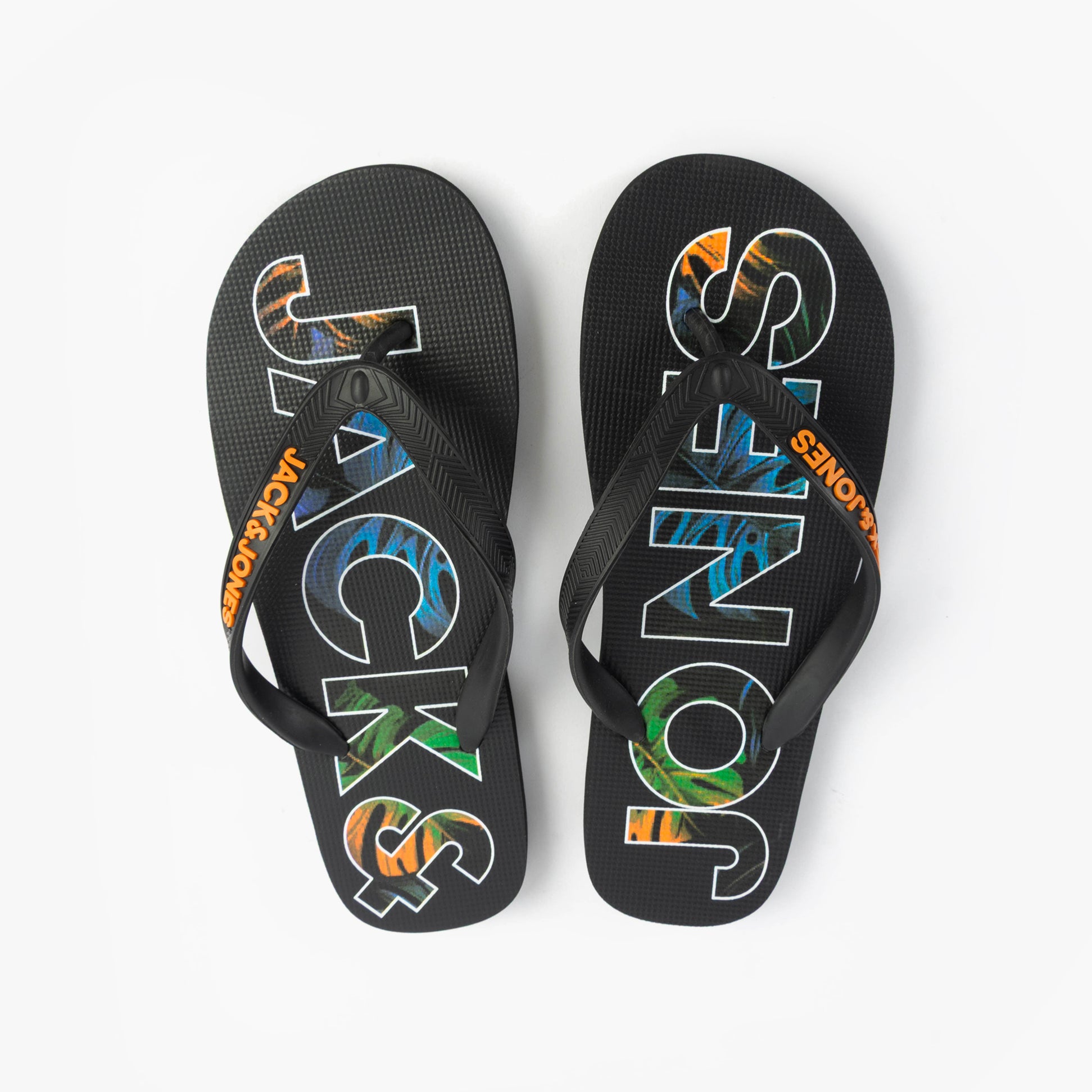 Jack & Jones LOGO PALM PRINT Mens Flip-Flops Anthracite top view showcasing colorful logo design and black straps.