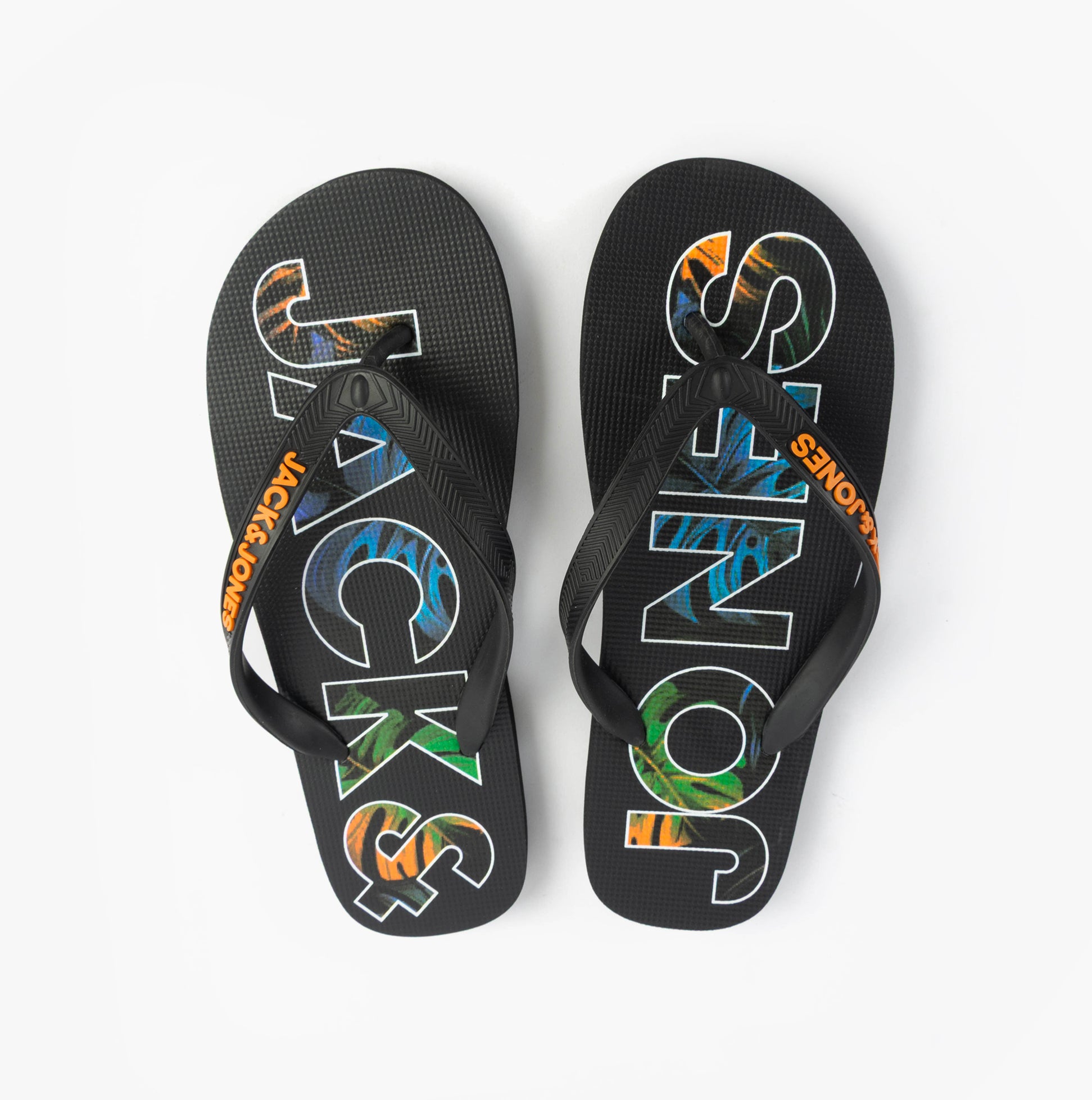 Jack & Jones LOGO PALM PRINT Mens Flip-Flops Anthracite top view showcasing colorful logo design and black straps.