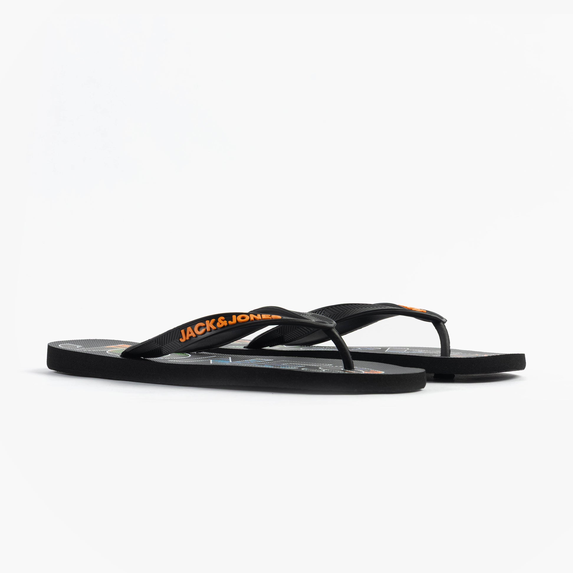 Jack & Jones LOGO PALM PRINT Mens Flip-Flops Anthracite side view showcasing the synthetic upper and logo detail.