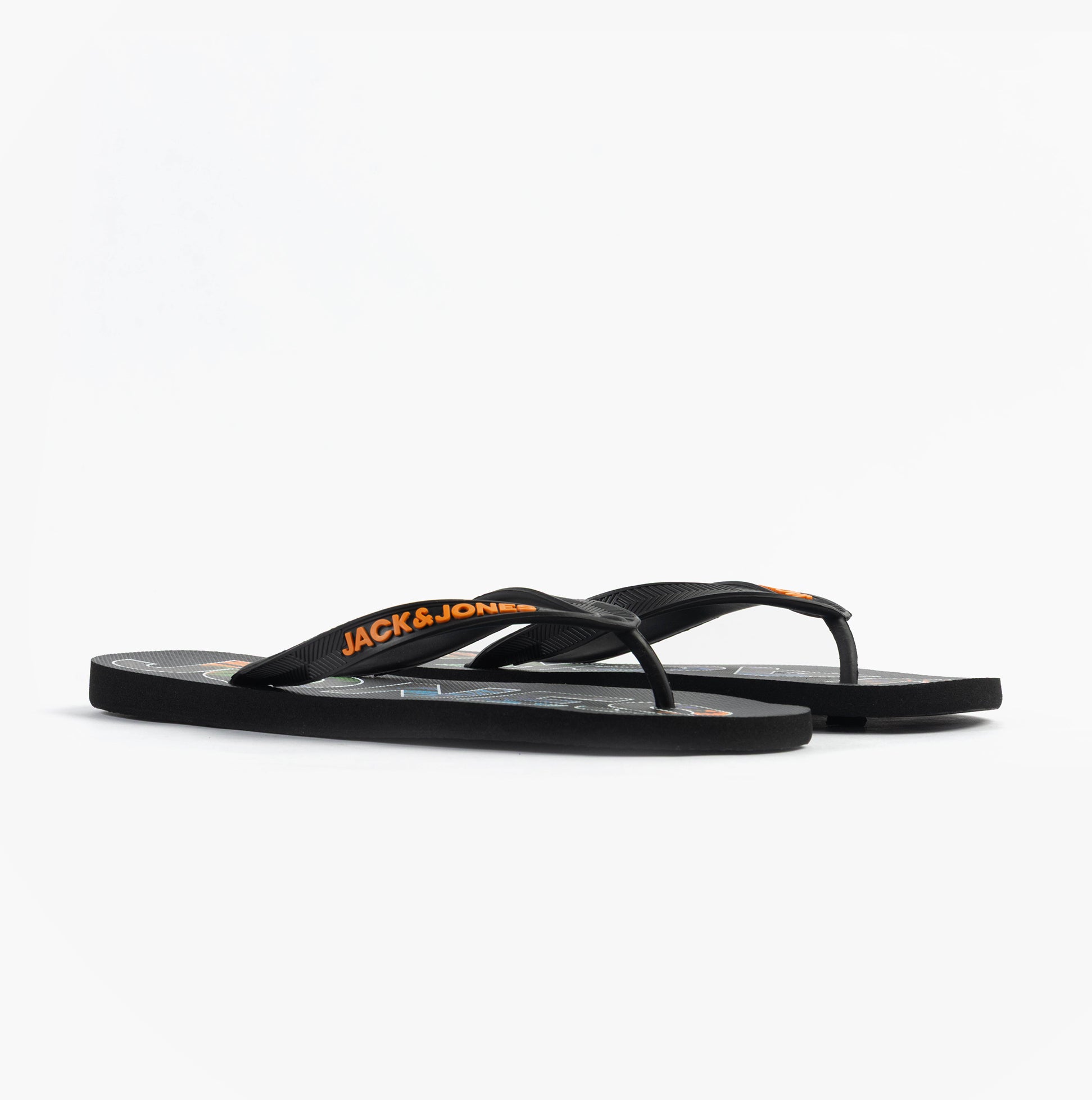 Jack & Jones LOGO PALM PRINT Mens Flip-Flops Anthracite side view showcasing the synthetic upper and logo detail.