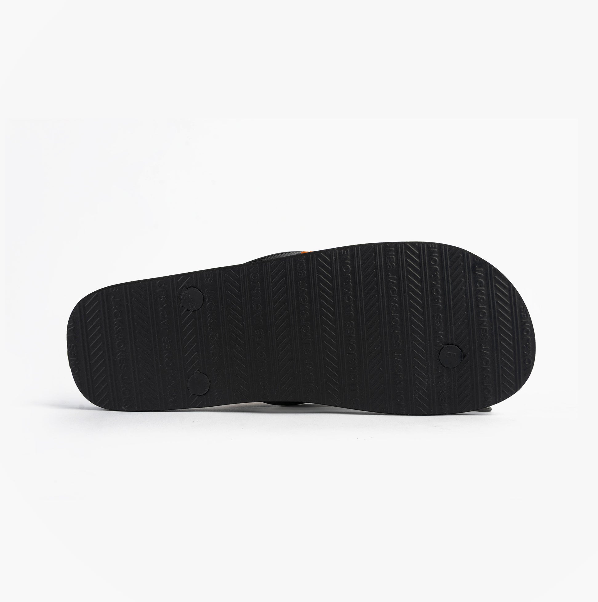 Jack & Jones LOGO PALM PRINT Mens Flip-Flops Anthracite bottom view, showcasing the textured sole and slip-on design.