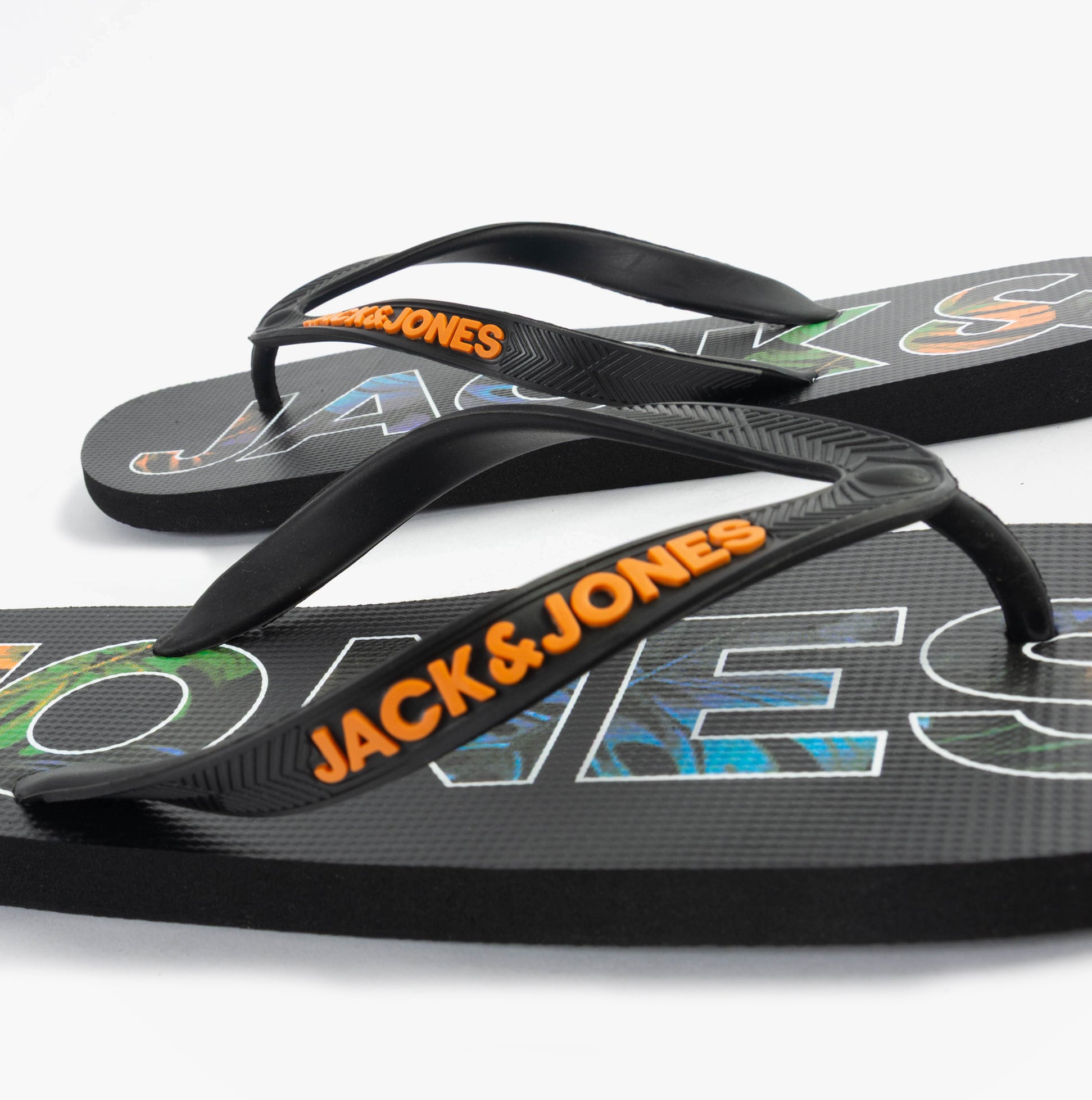 Jack & Jones LOGO PALM PRINT Mens Flip-Flops Anthracite top view showing colorful logo and black straps.