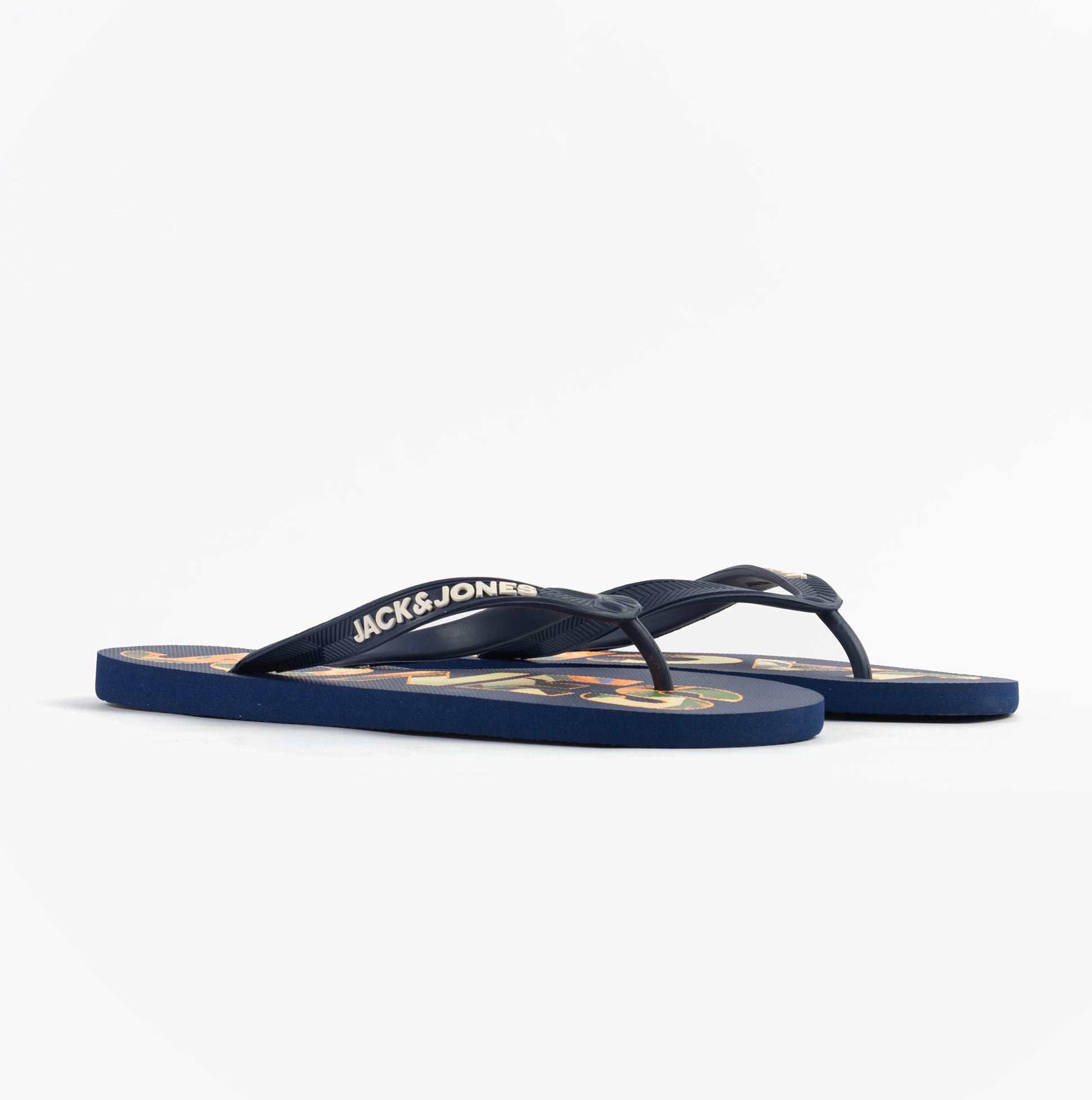 Jack & Jones LOGO PALM PRINT Mens Flip-Flops Medieval Blue, side view showing the synthetic upper and flat sole.