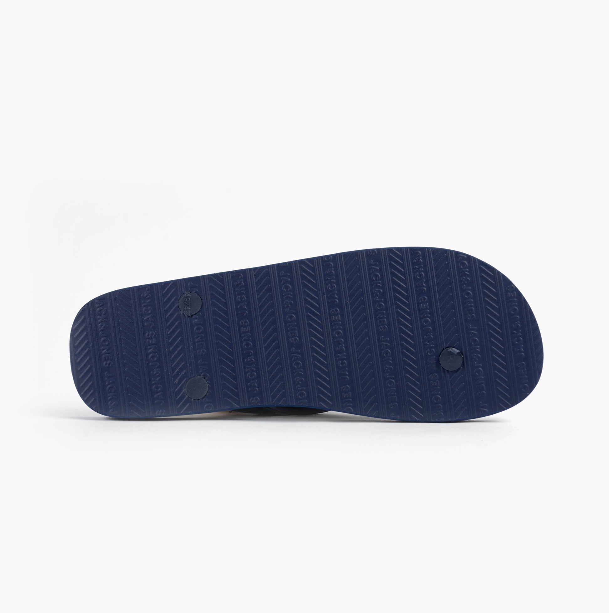 Jack & Jones LOGO PALM PRINT Mens Flip-Flops Medieval Blue outsole view with textured pattern.