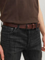 Jack & Jones ROMA Mens Belt Brown Stone worn with dark jeans, showcasing buckle detail with an adjustable strap.