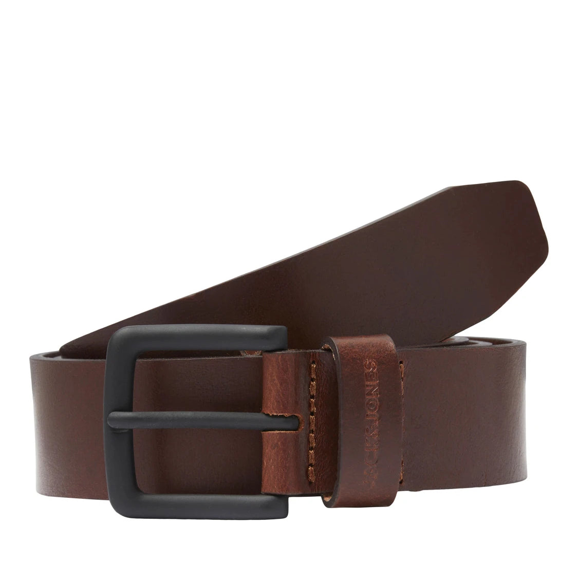 Jack & Jones ROMA Mens Belt Brown Stone side view with adjustable strap and buckle fastening, showcasing sleek leather finish.