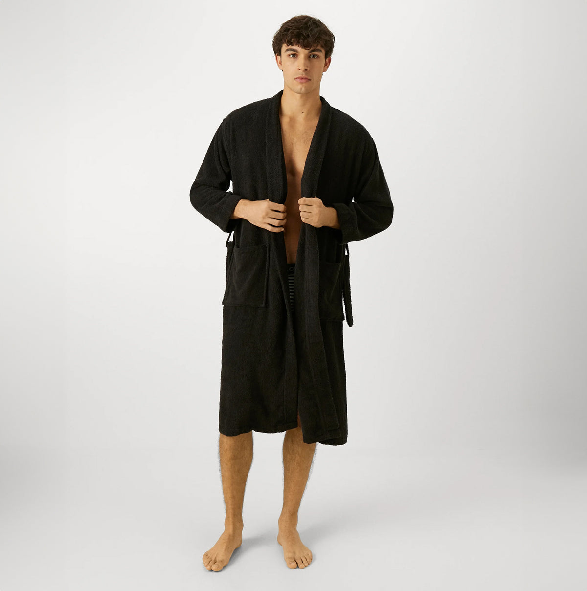 Jack & Jones SOLID Mens Bathrobe Black front view on model, showing long sleeves and relaxed fit.