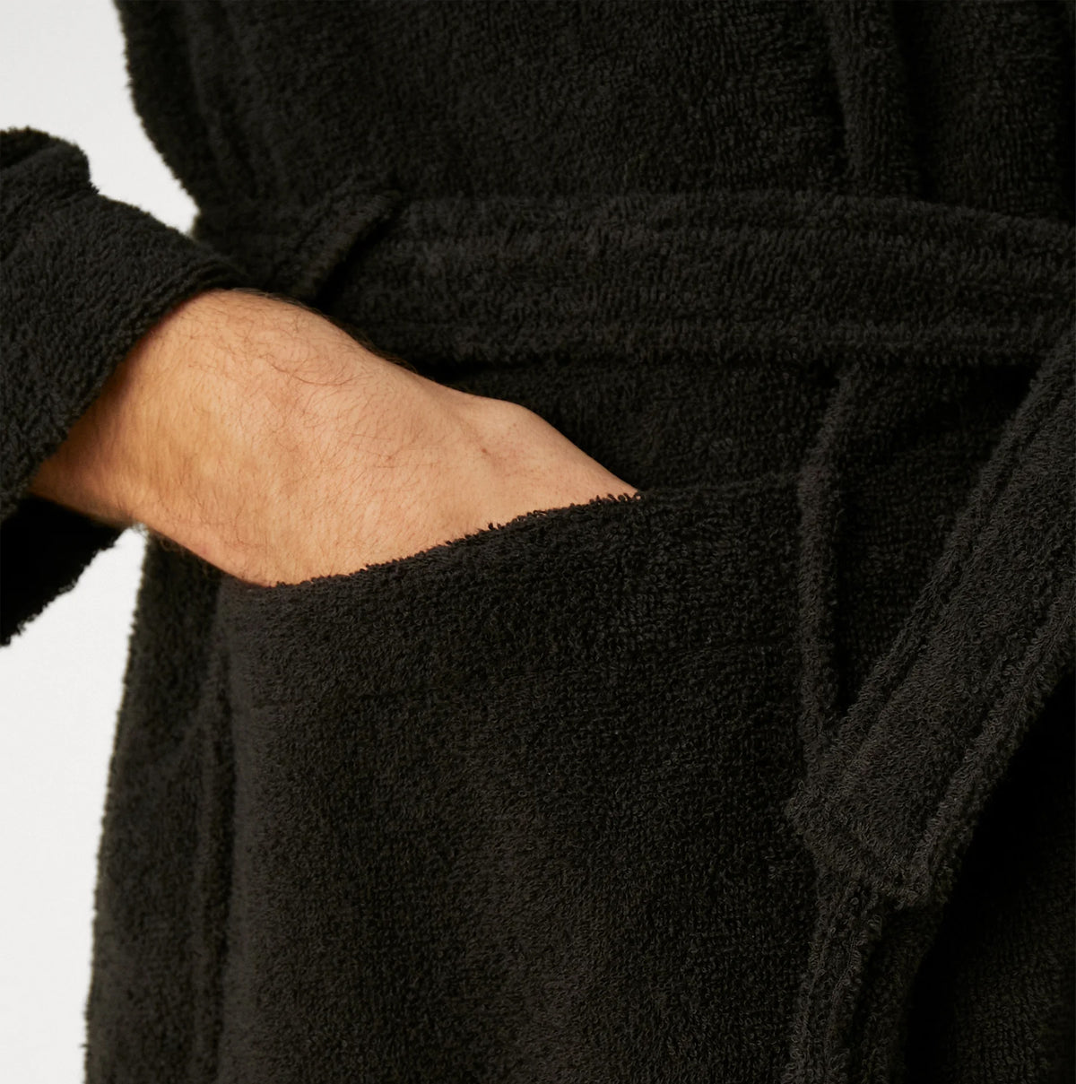 Jack & Jones SOLID Mens Bathrobe Black close-up detail view showing pocket and relaxed fit.