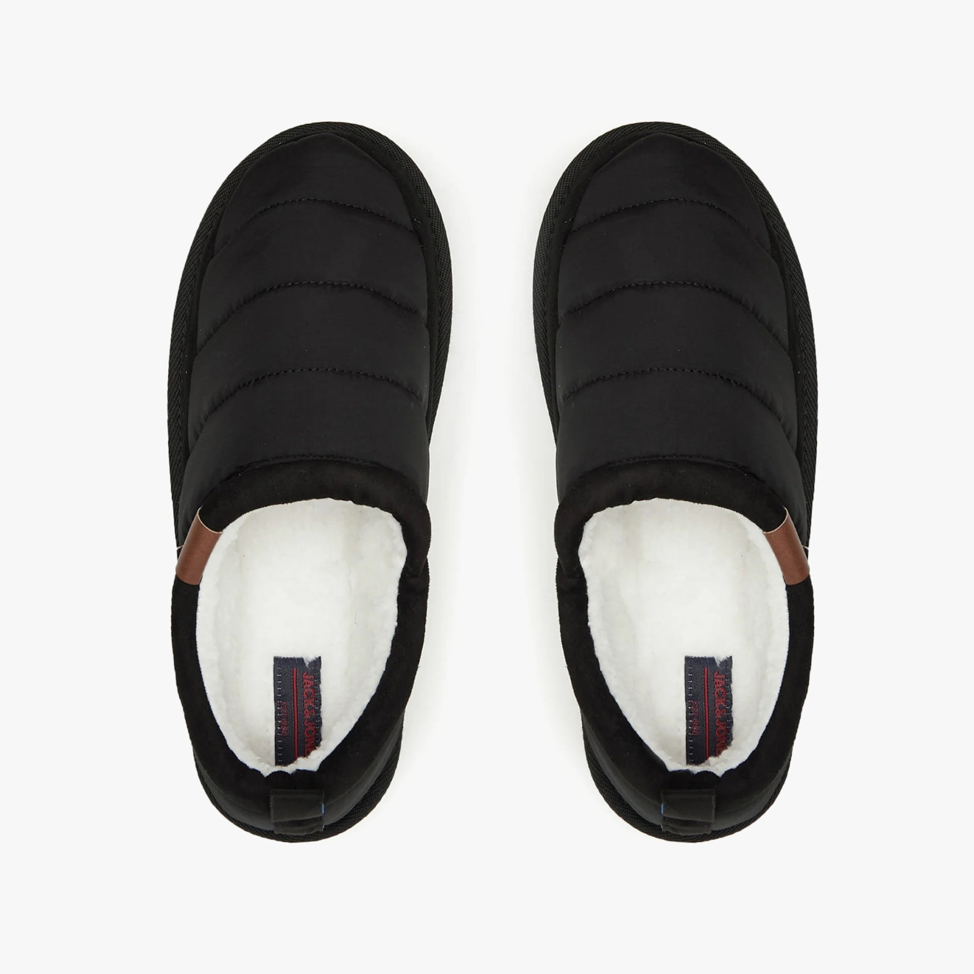 Jack & Jones PUFF MULE Mens Mule Slippers Black top view showcasing plush interior and sleek black design.