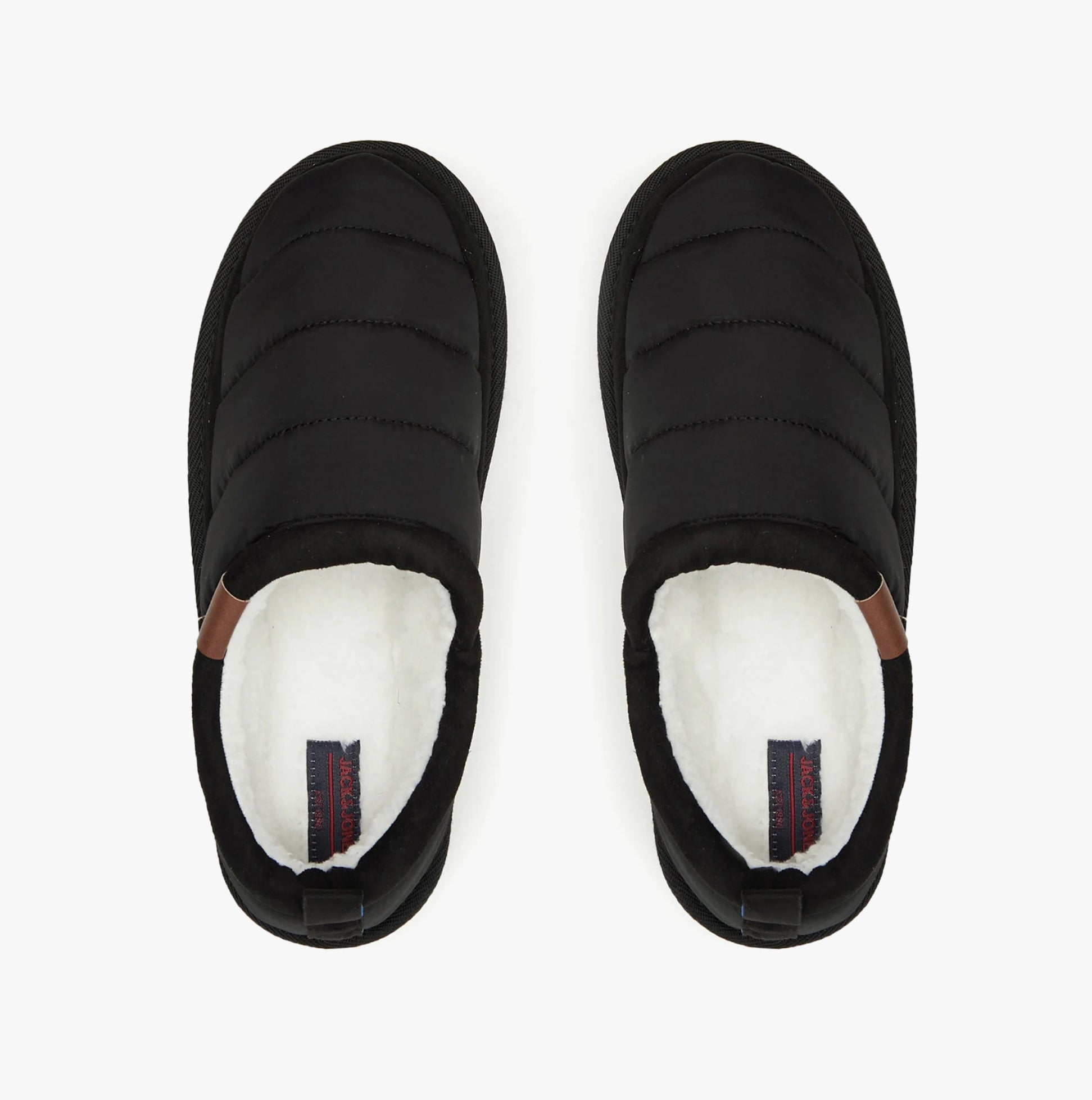 Jack & Jones PUFF MULE Mens Mule Slippers Black top view showcasing plush interior and sleek black design.
