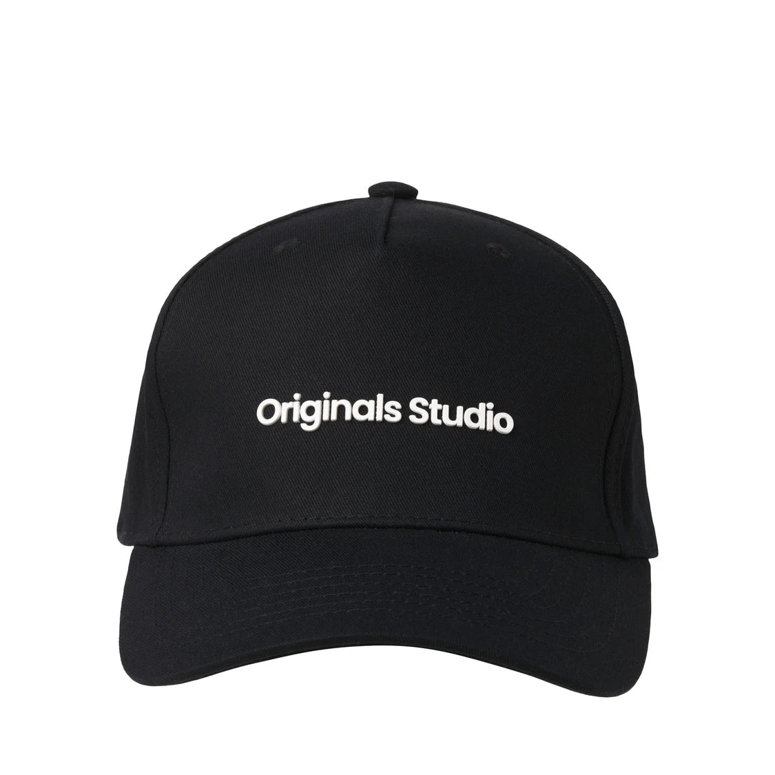Jack & Jones VESTERBRO Mens Cap Black front view showing a sleek black baseball cap with white logo.