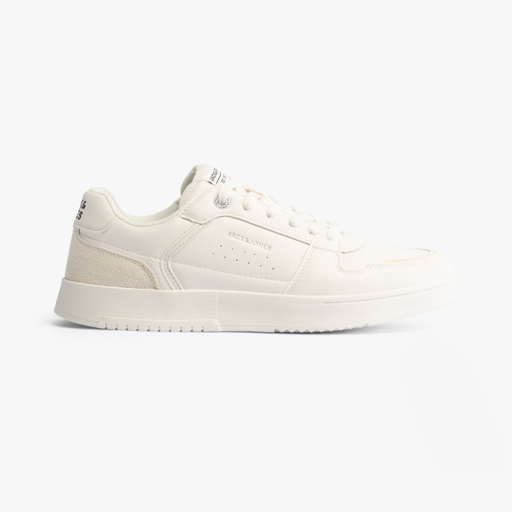 Jack & Jones EALING PU Mens Trainers White/White side view showing casual lace-up design and round toe.