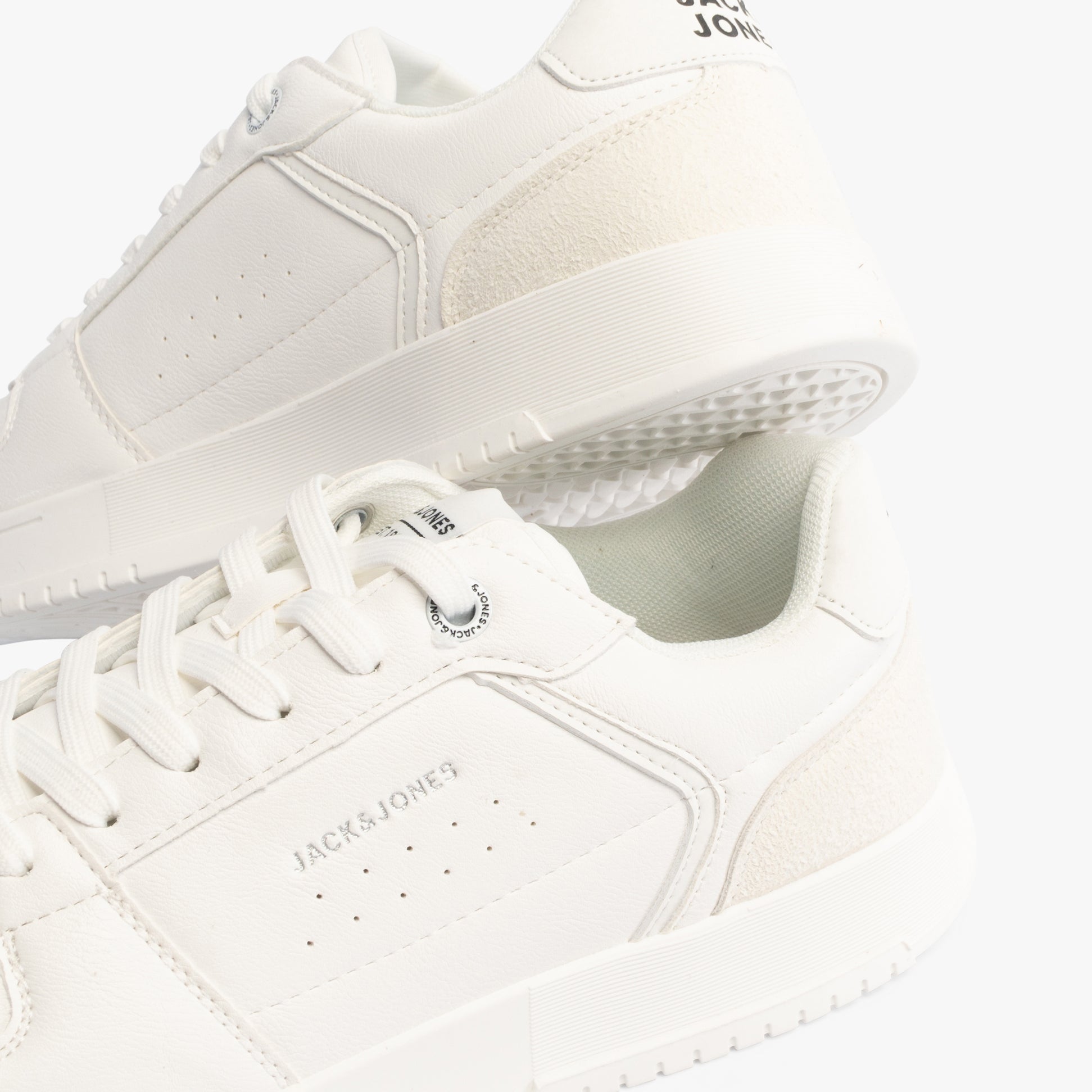 Jack & Jones EALING PU Mens Trainers White/White side view with lace-up closure and round toe design.