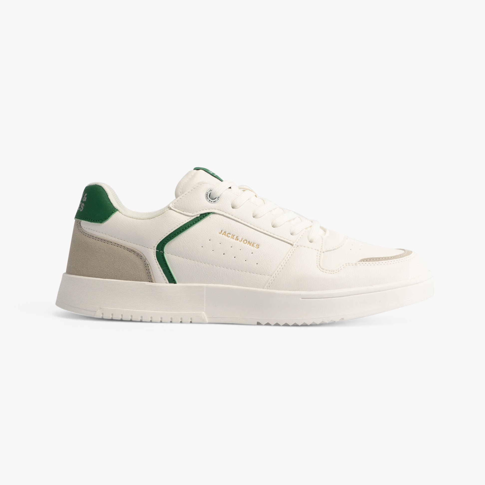 Jack & Jones EALING PU Mens Trainers White/Green side view showcasing casual style and lace-up closure.