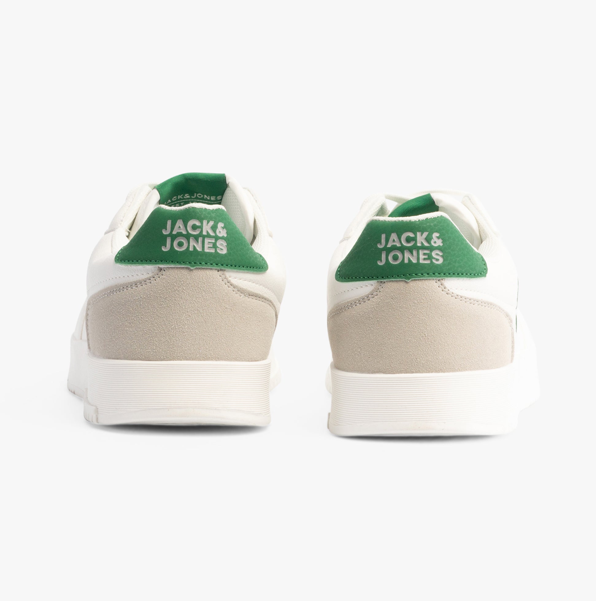 Jack & Jones EALING PU Mens Trainers White/Green rear view showing green logo detail.