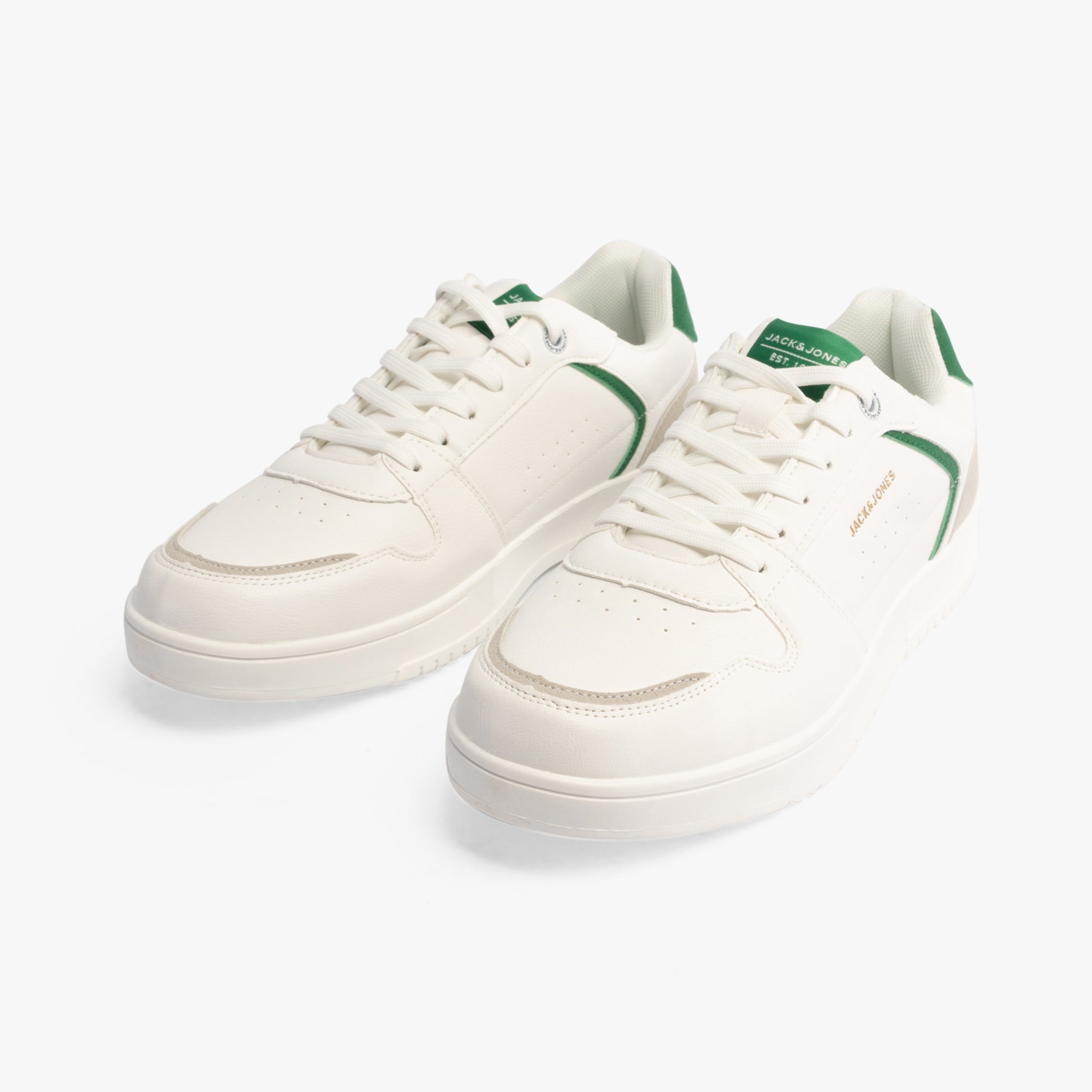 Jack & Jones EALING PU Mens Trainers White/Green front view, showcasing casual design with lace-up closure and low top.