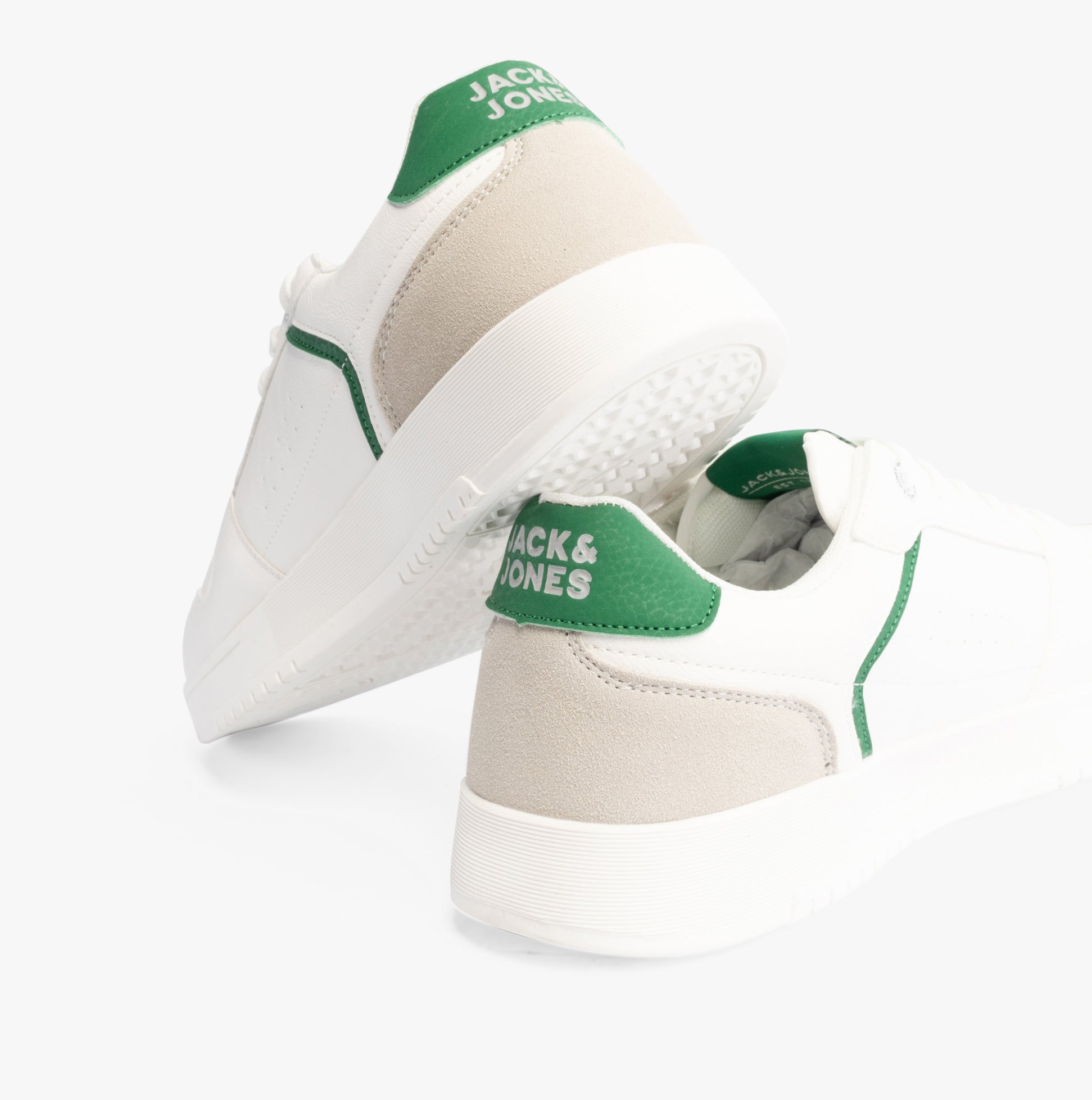 Jack & Jones EALING PU Mens Trainers White/Green, rear view showcasing design and color features.