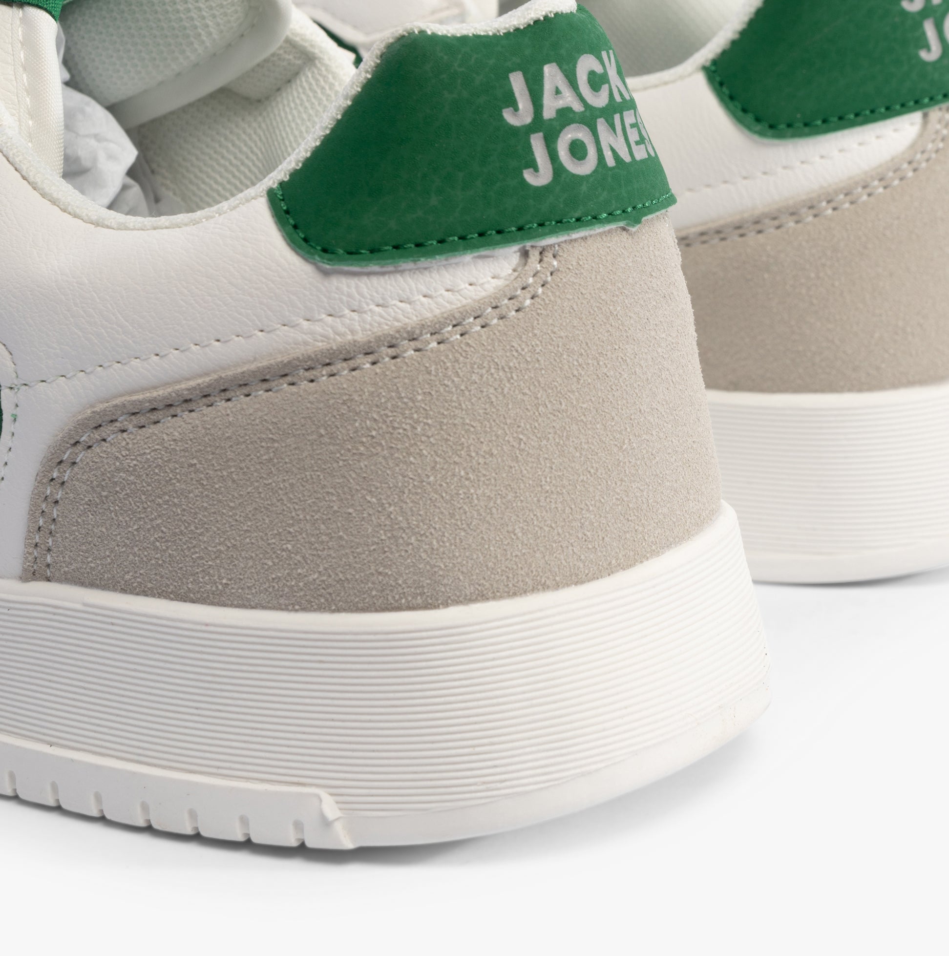 Jack & Jones EALING PU Mens Trainers White/Green rear detail view showcasing the suede and mesh materials.
