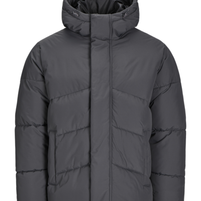 Jack & Jones WORLD Mens Puffer Jacket Asphalt front view showcasing adjustable hood and warm padding.