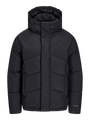 Jack & Jones WORLD Mens Puffer Jacket Black front view, featuring adjustable hood and warm padding for comfort.