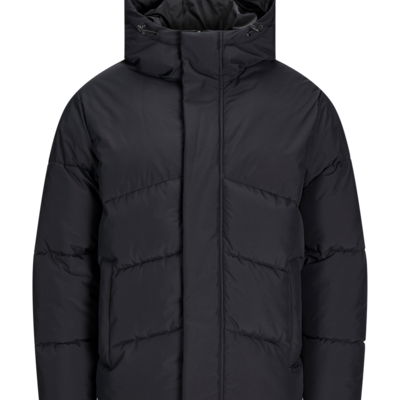 Jack & Jones WORLD Mens Puffer Jacket Black front view, featuring adjustable hood and warm padding for comfort.