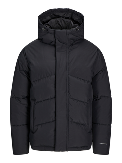 Jack & Jones WORLD Mens Puffer Jacket Black front view, featuring adjustable hood and warm padding for comfort.