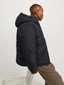 Jack & Jones WORLD Mens Puffer Jacket Black side view showcasing adjustable hood and puffy design.