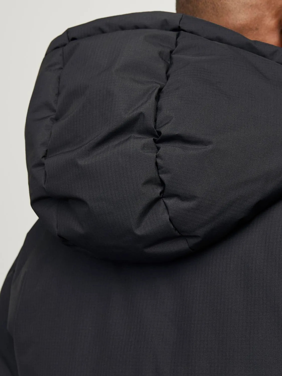 Jack & Jones WORLD Mens Puffer Jacket Black back detail view of adjustable hood