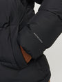 Jack & Jones WORLD Mens Puffer Jacket Black detail view showing adjustable hood and side pocket.