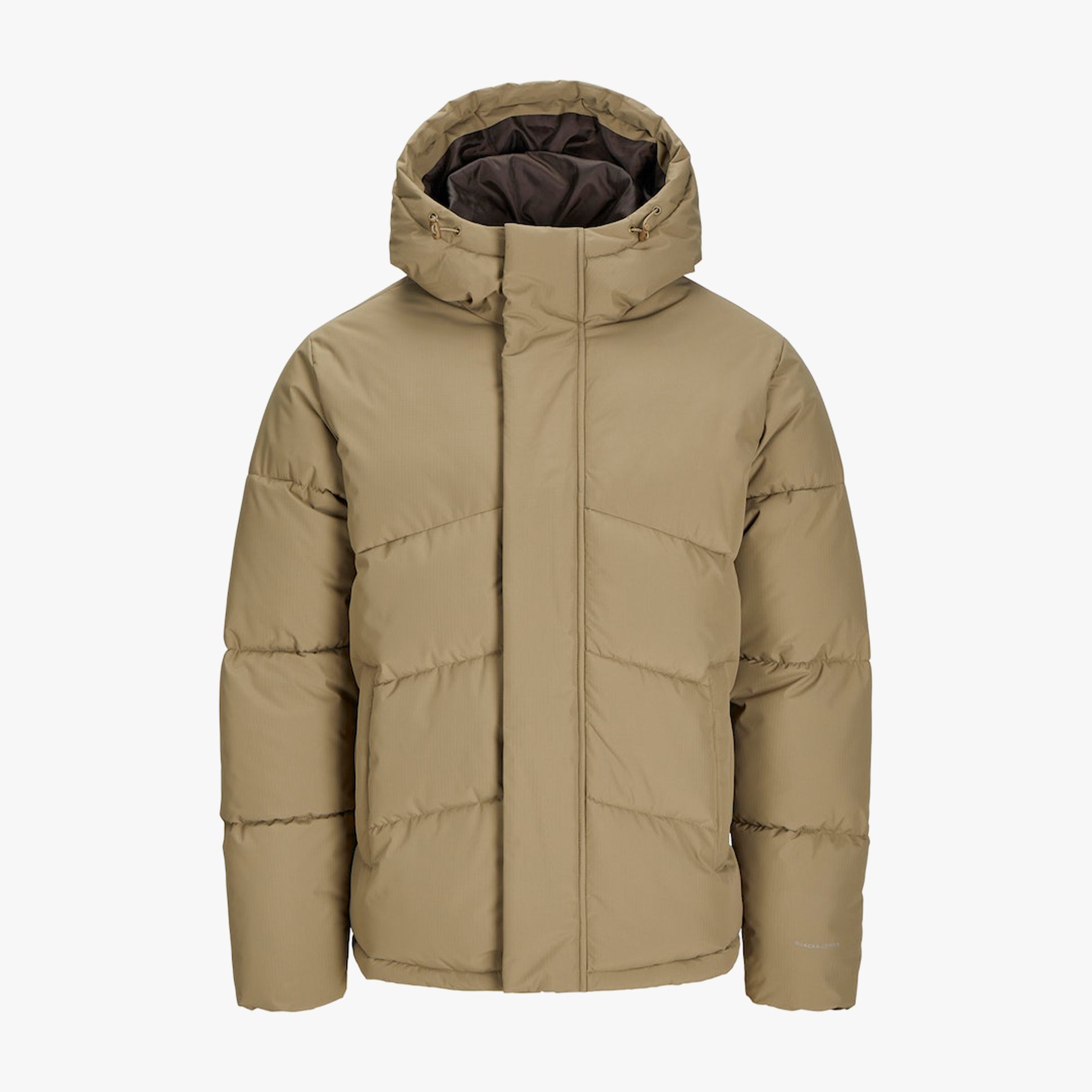Jack & Jones WORLD Mens Puffer Jacket Elmwood front view with adjustable hood and warm padding