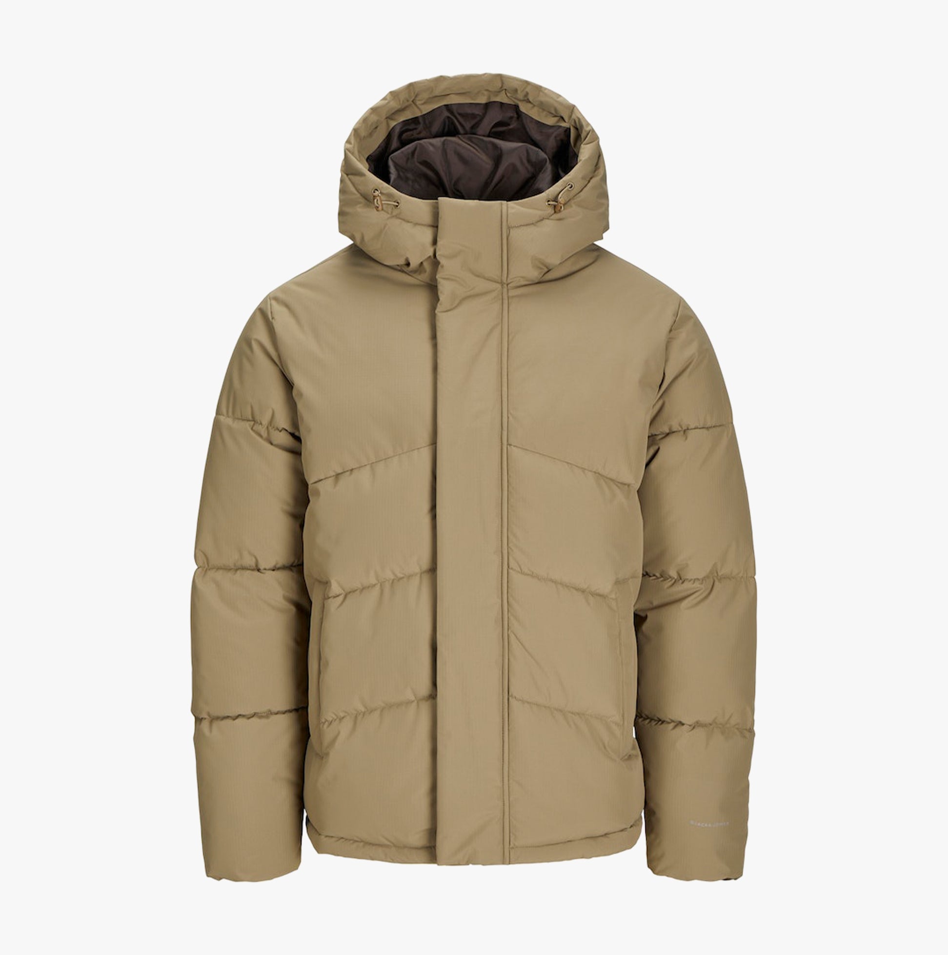 Jack & Jones WORLD Mens Puffer Jacket Elmwood front view with adjustable hood and warm padding