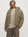 Jack & Jones WORLD Mens Puffer Jacket Elmwood front view with adjustable hood, stylish quilted padding in olive green.