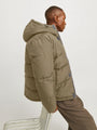 Jack & Jones WORLD Mens Puffer Jacket Elmwood side view highlighting adjustable hood and warm padding features