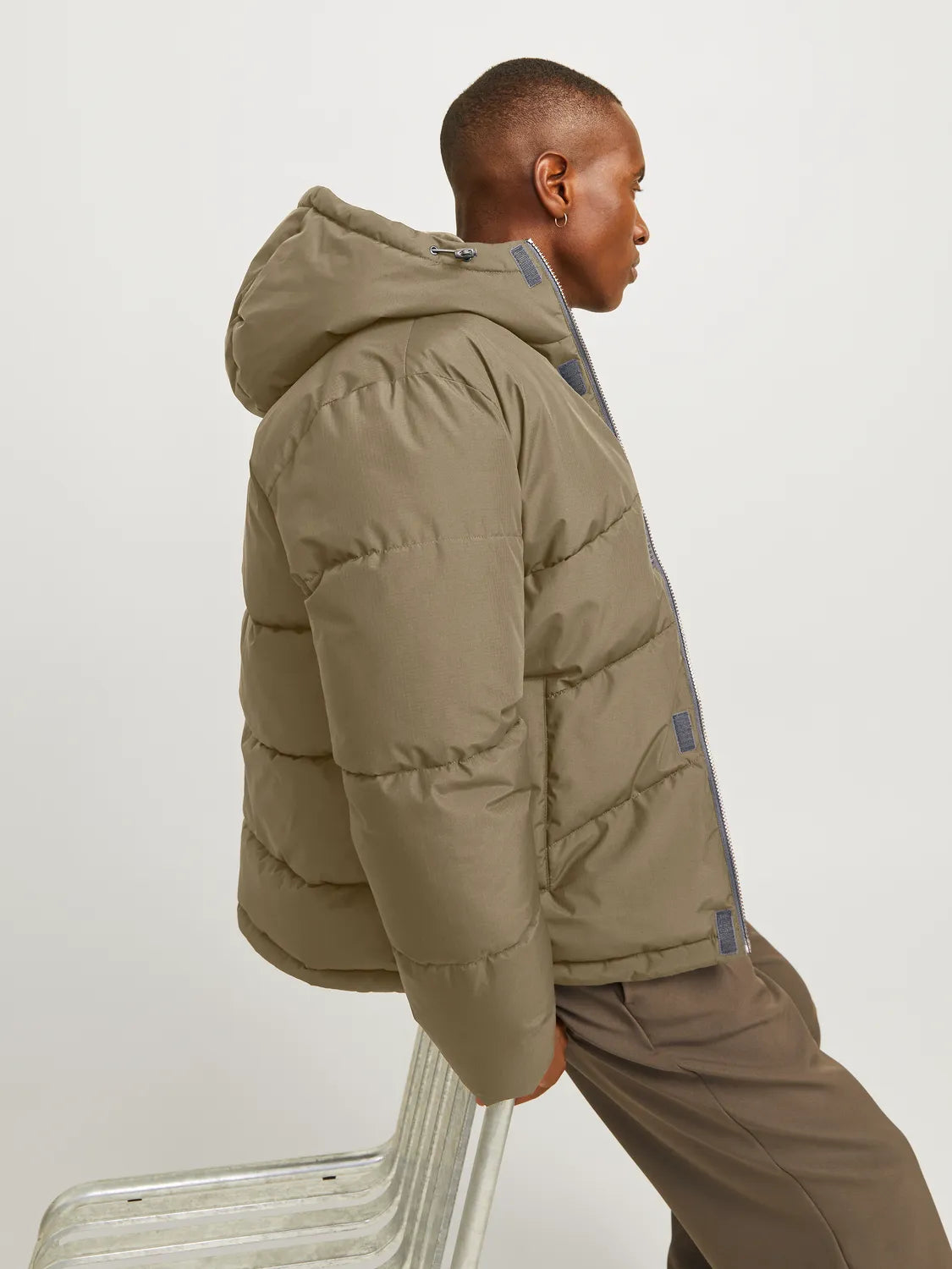 Jack & Jones WORLD Mens Puffer Jacket Elmwood side view highlighting adjustable hood and warm padding features