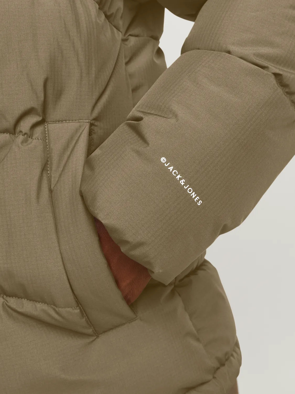 Jack & Jones WORLD Mens Puffer Jacket Elmwood detail view of sleeve with logo