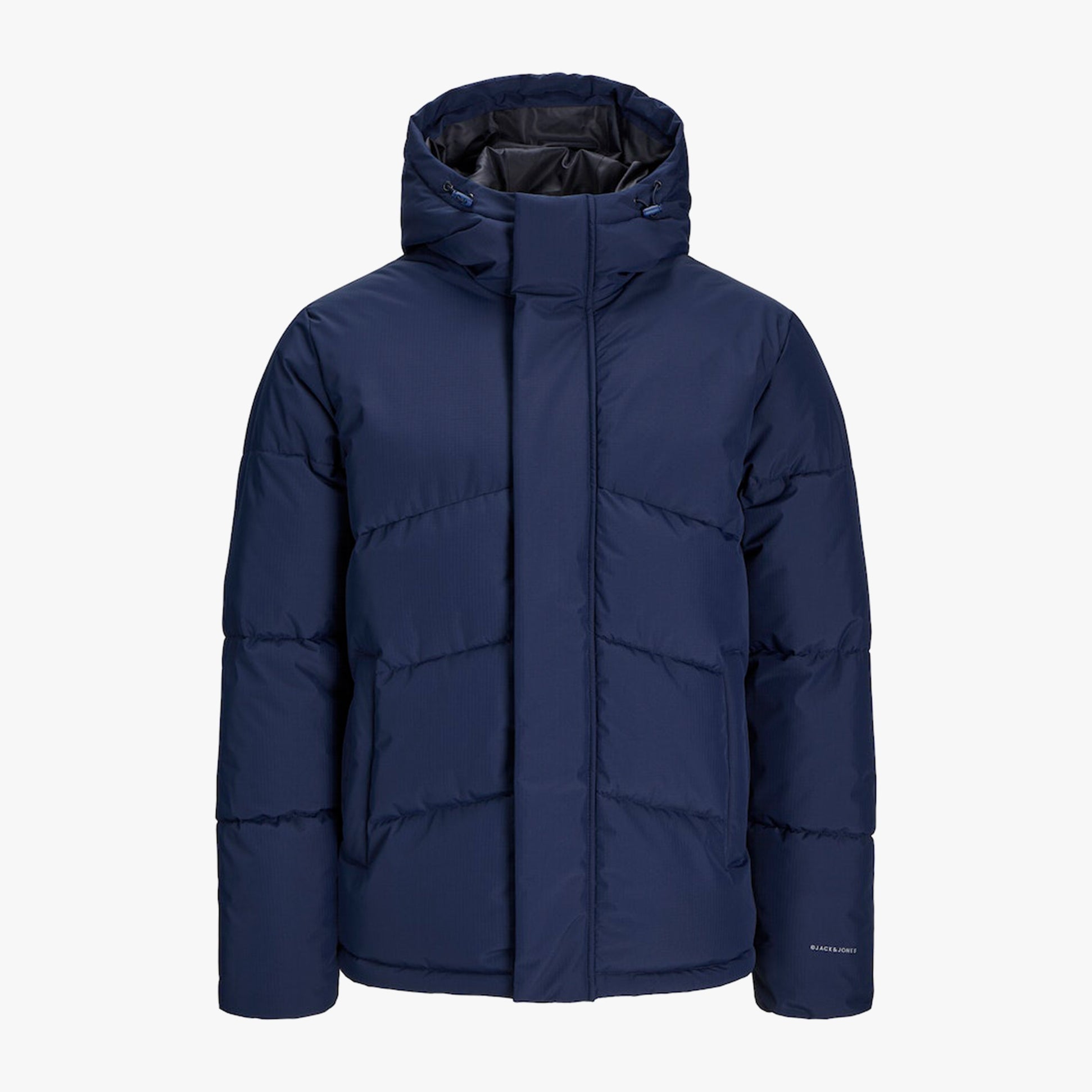 Jack & Jones WORLD Mens Puffer Jacket Navy Blazer front view with adjustable hood and zip closure.