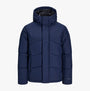 Jack & Jones WORLD Mens Puffer Jacket Navy Blazer front view with adjustable hood and zip closure.