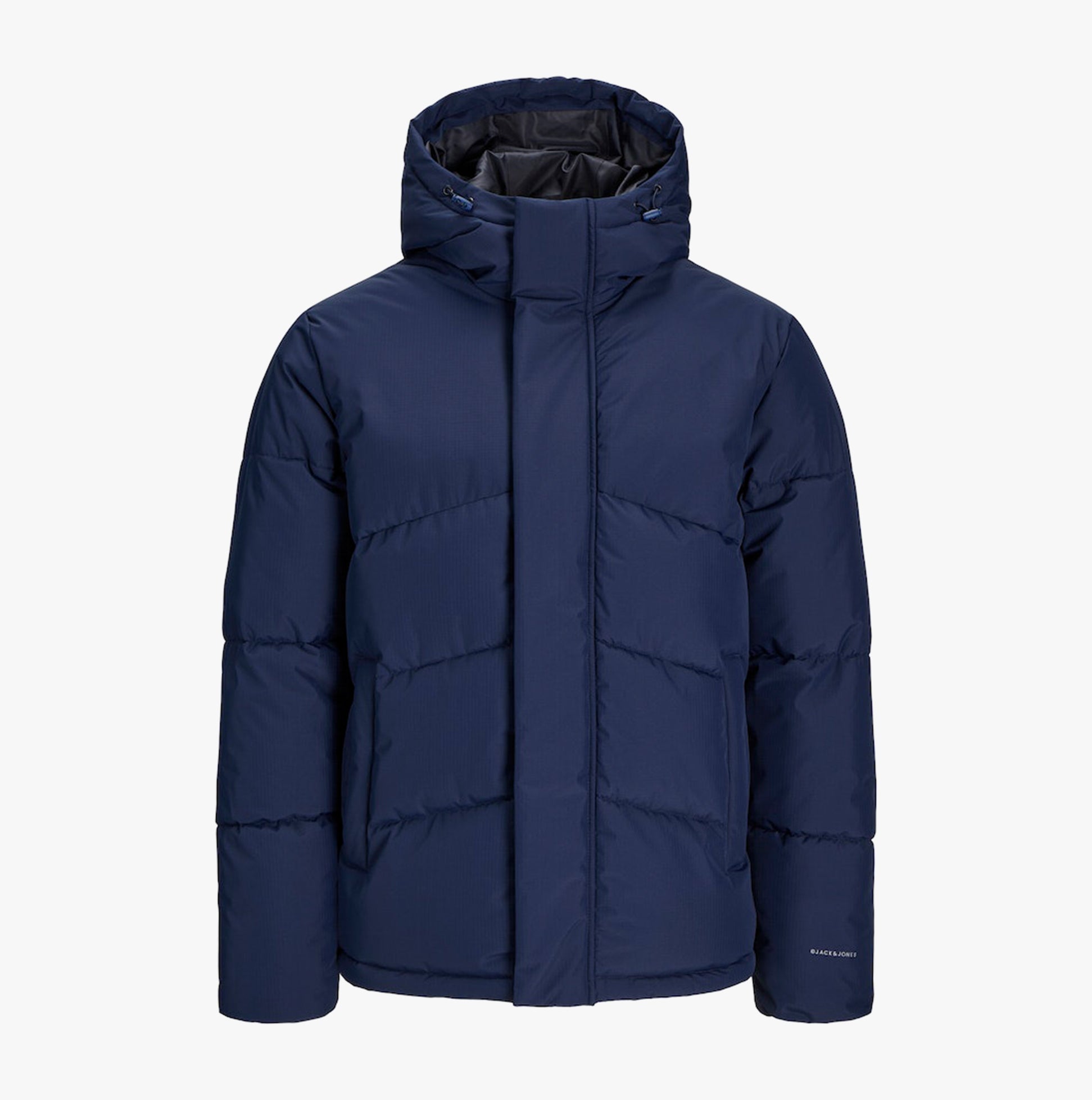 Jack & Jones WORLD Mens Puffer Jacket Navy Blazer front view with adjustable hood and zip closure.