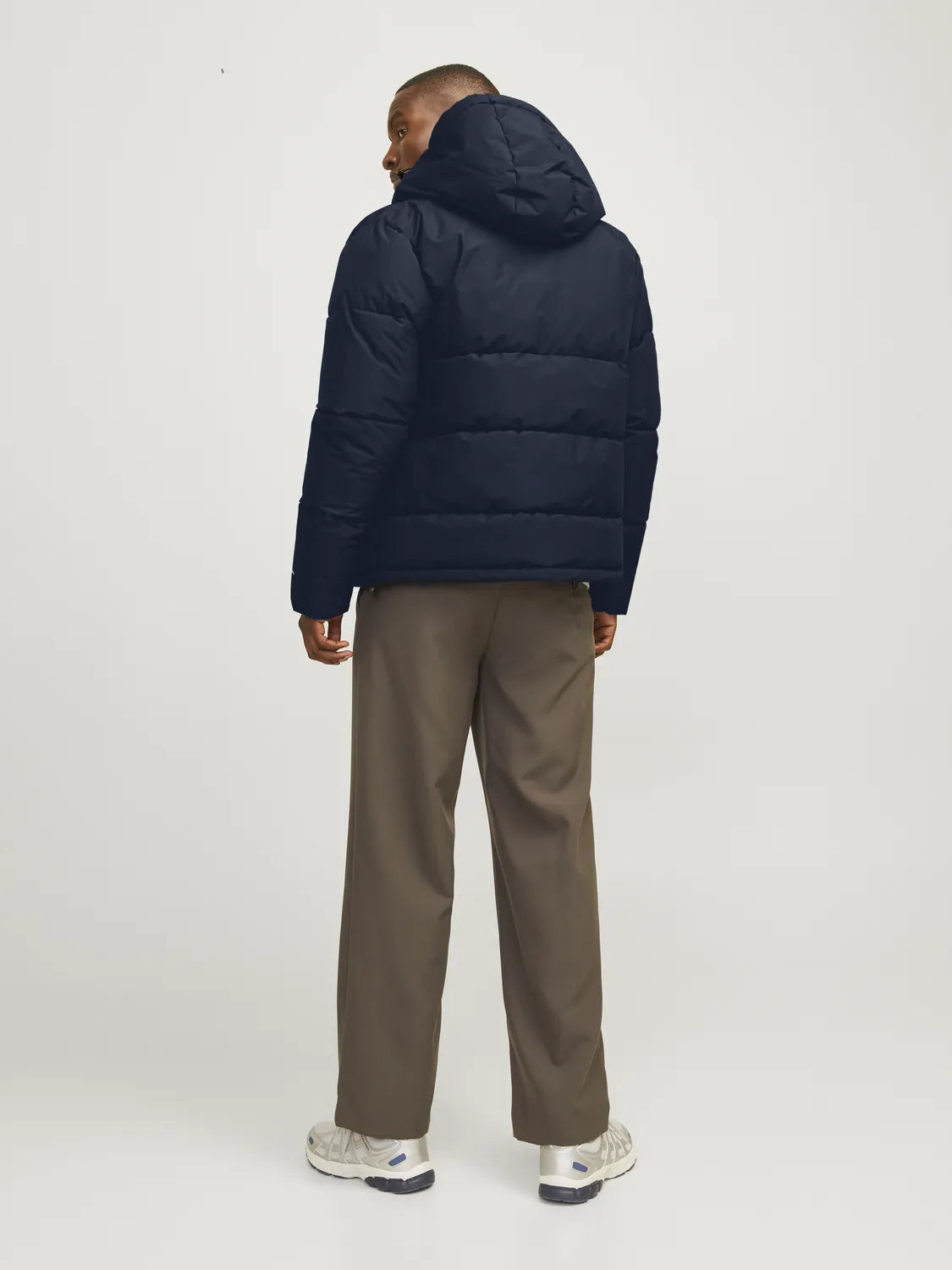 Jack & Jones WORLD Mens Puffer Jacket Navy Blazer back view with adjustable hood and puffy design.
