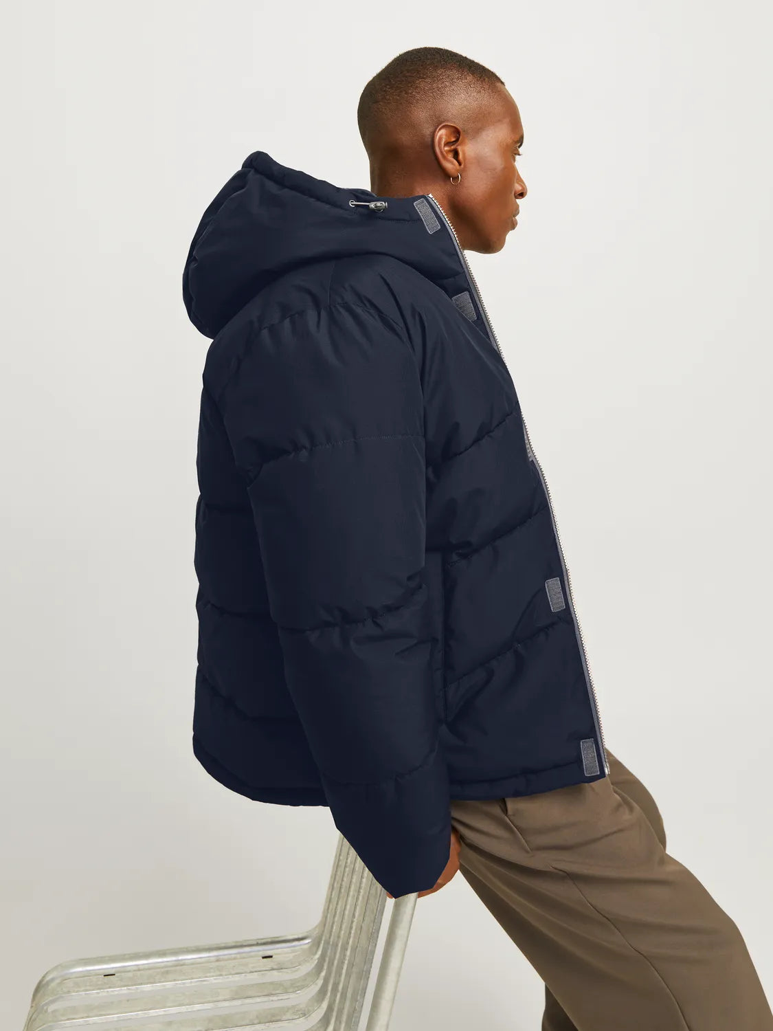 Jack & Jones WORLD Mens Puffer Jacket Navy Blazer side view showing adjustable hood and padding detail.