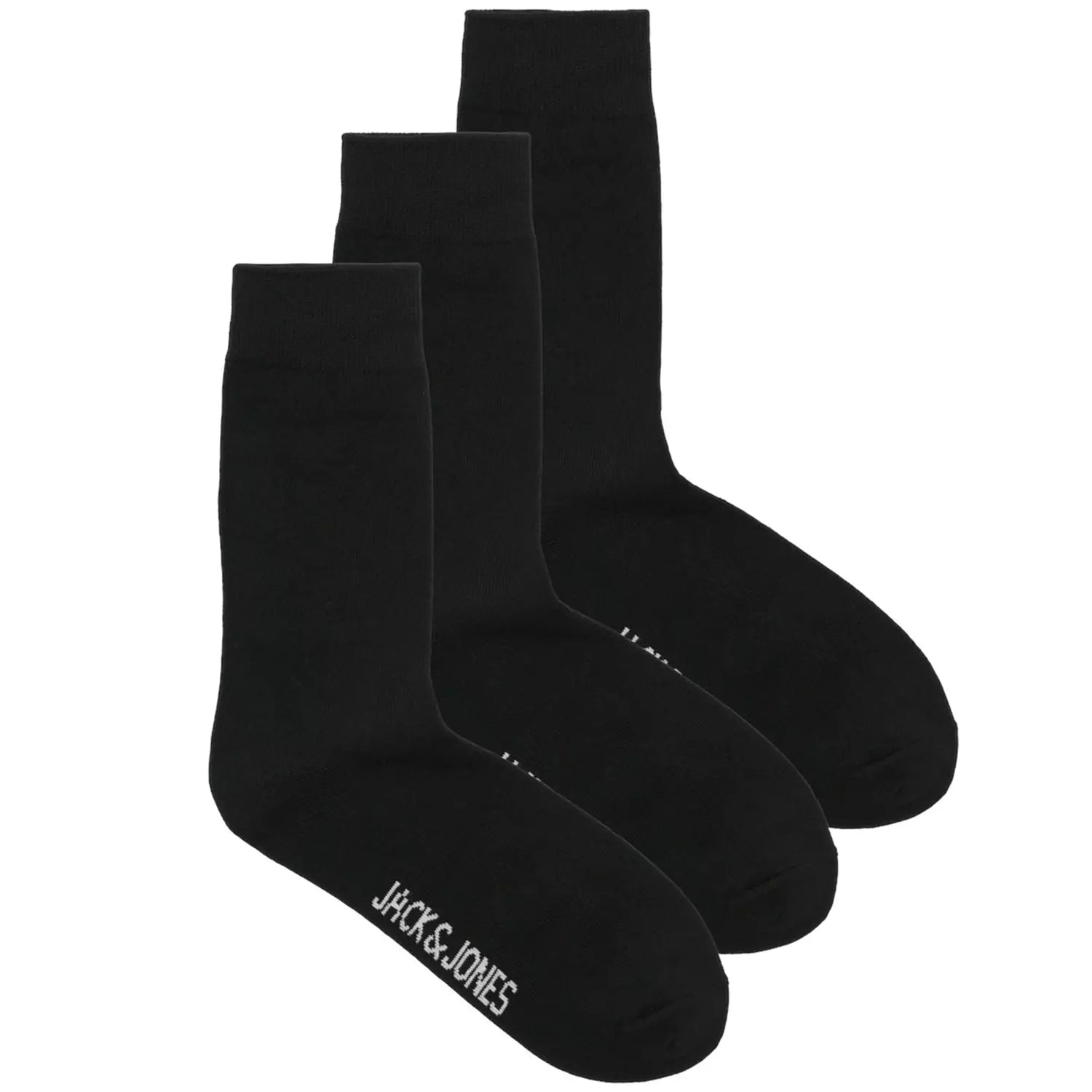 Jack & Jones RAFAEL Mens Socks Black, front view, showing three pairs of crew socks with logo.