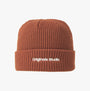 Jack & Jones VESTERBRO Mens Beanie Brandy Brown front view showcasing knitted texture and logo detail.