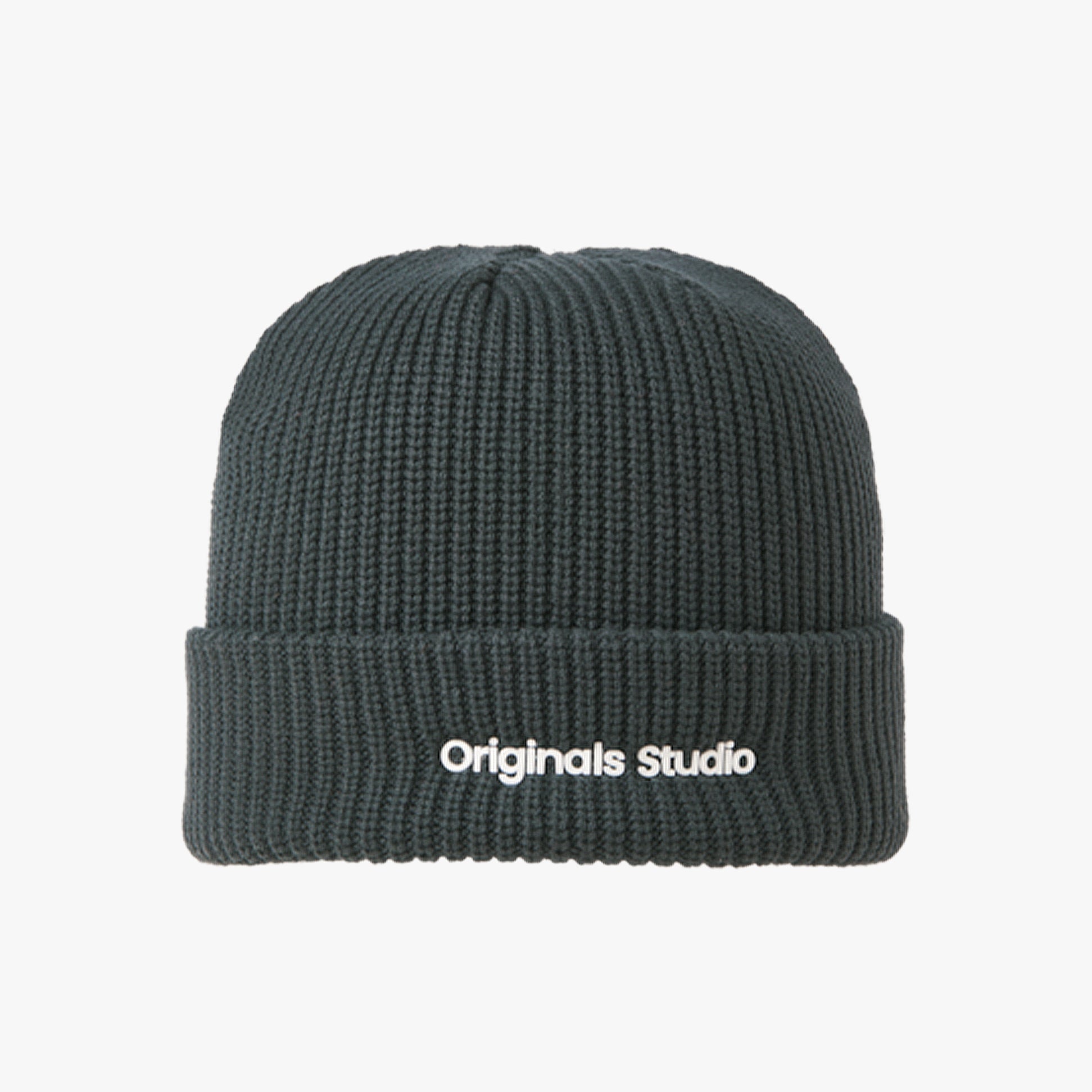 Jack & Jones VESTERBRO Mens Beanie Forest River front view, dark green knit fabric with logo.