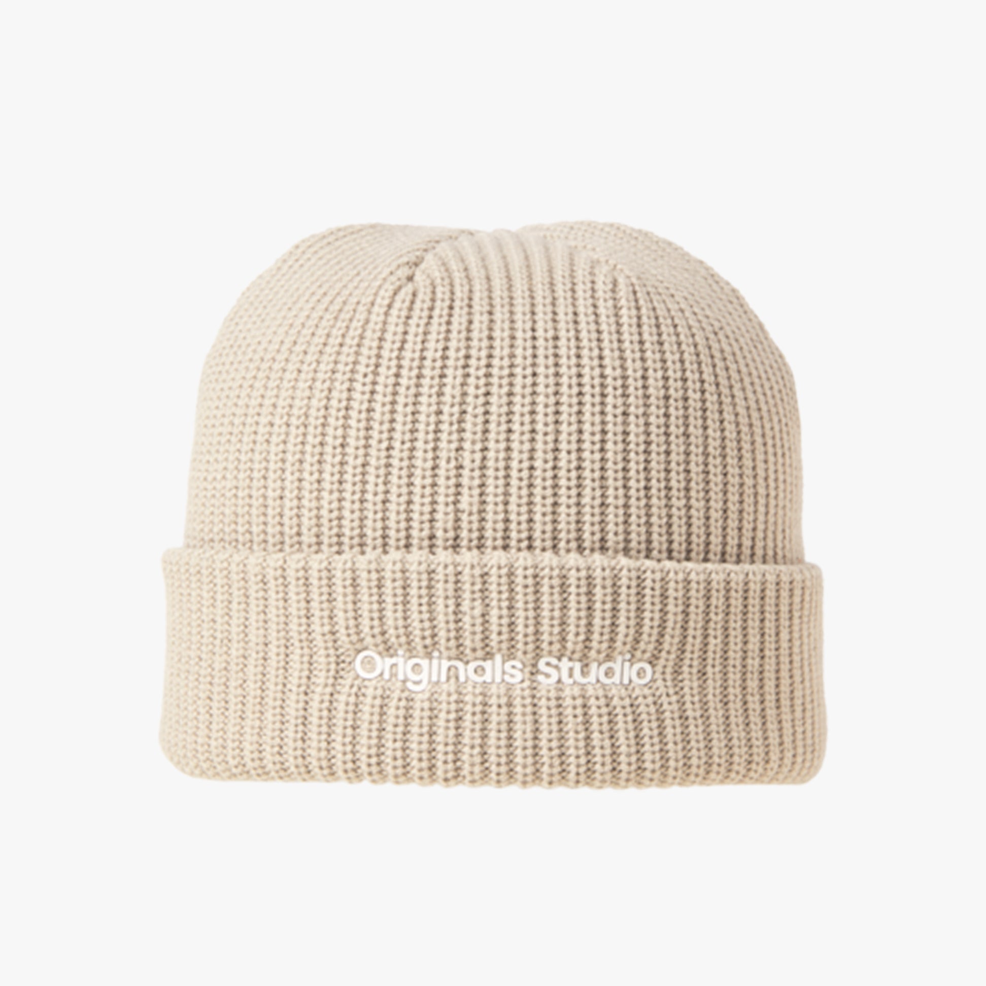 Jack & Jones VESTERBRO Mens Beanie Moonbeam front view, beige knitted hat with logo.