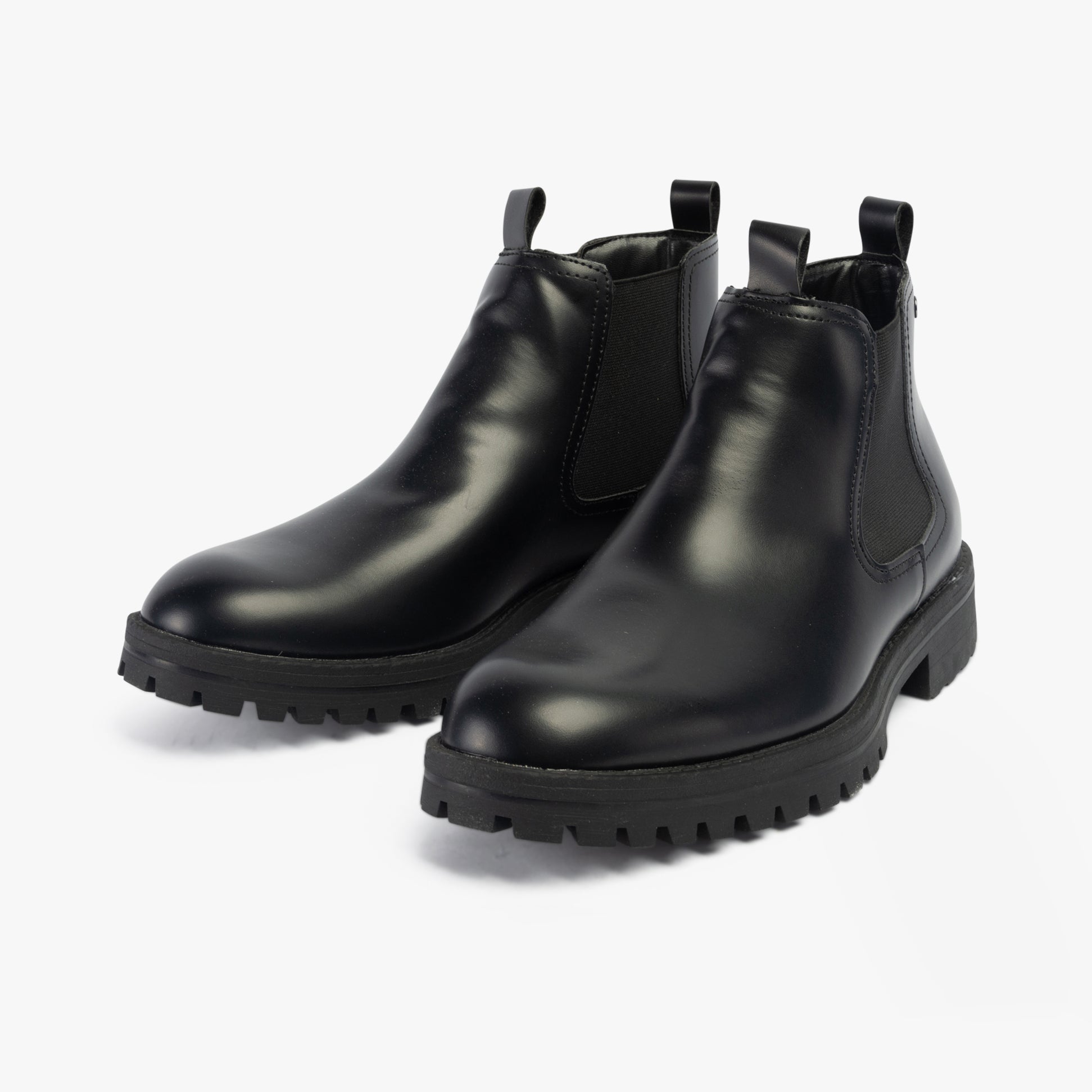 Jack & Jones CAMDEN PU Mens Chelsea Boots Anthracite side view, showcasing polished PU upper and elasticated side panels.