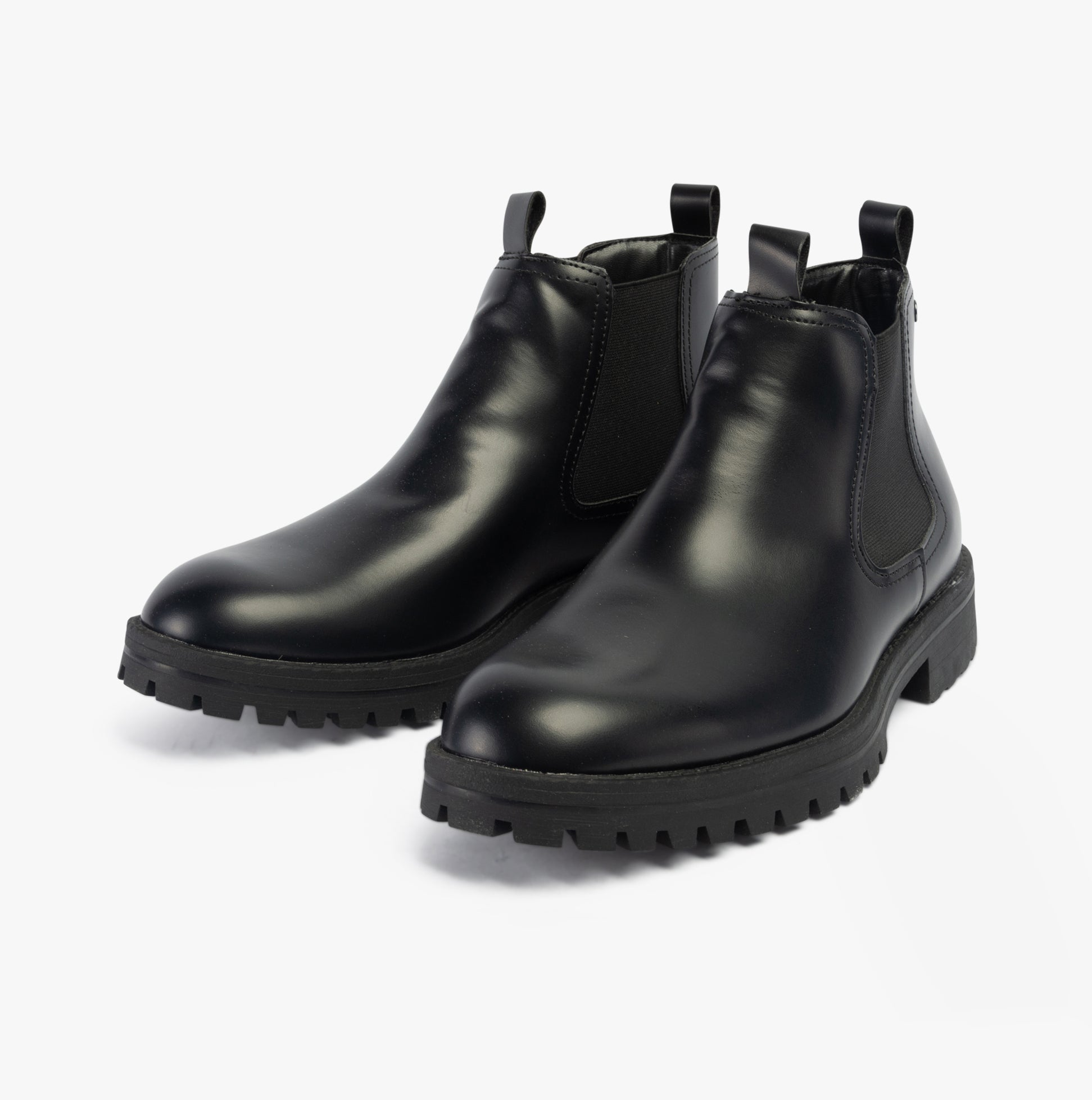 Jack & Jones CAMDEN PU Mens Chelsea Boots Anthracite side view, showcasing polished PU upper and elasticated side panels.