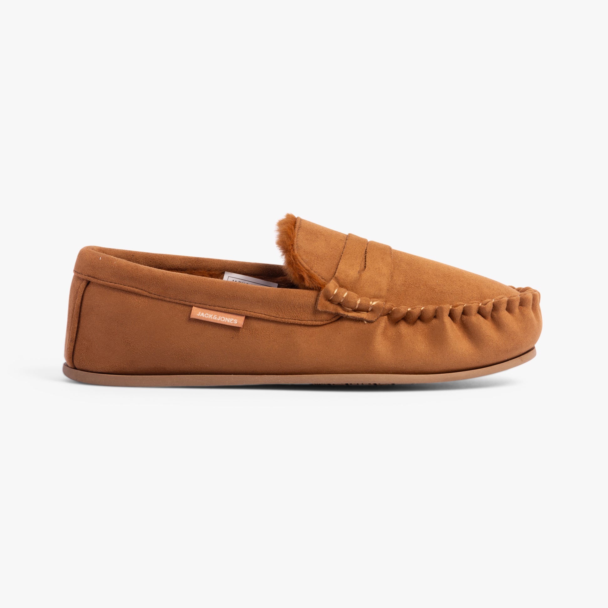 Jack & Jones MARK Mens Slippers Cognac side view, moccasin style, textile upper, comfortable slip-on design.
